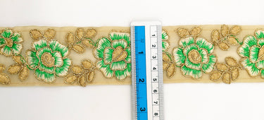 Green and Gold Floral Embroidery Trimming, Embroidered Roses Flowers Trim, Sheer Fabric Lace
